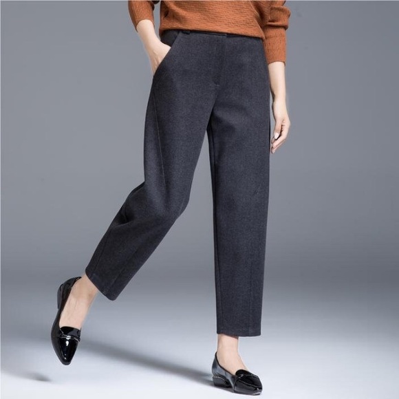 High Waisted Gray Trousers with Wide Leg Silhouette - Picture 2 of 5